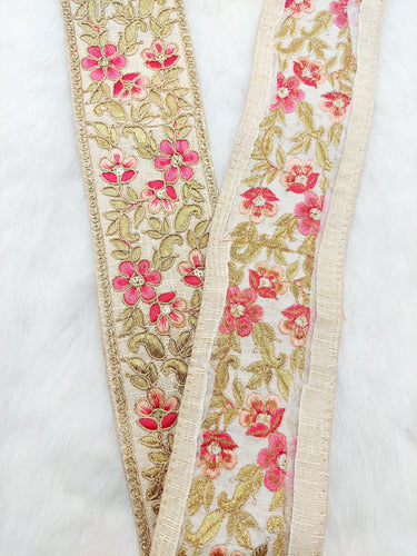 Beige Silk Fabric Trim with Gold and Pink Floral Embroidery, Sari Border Trim, Trim by Yard